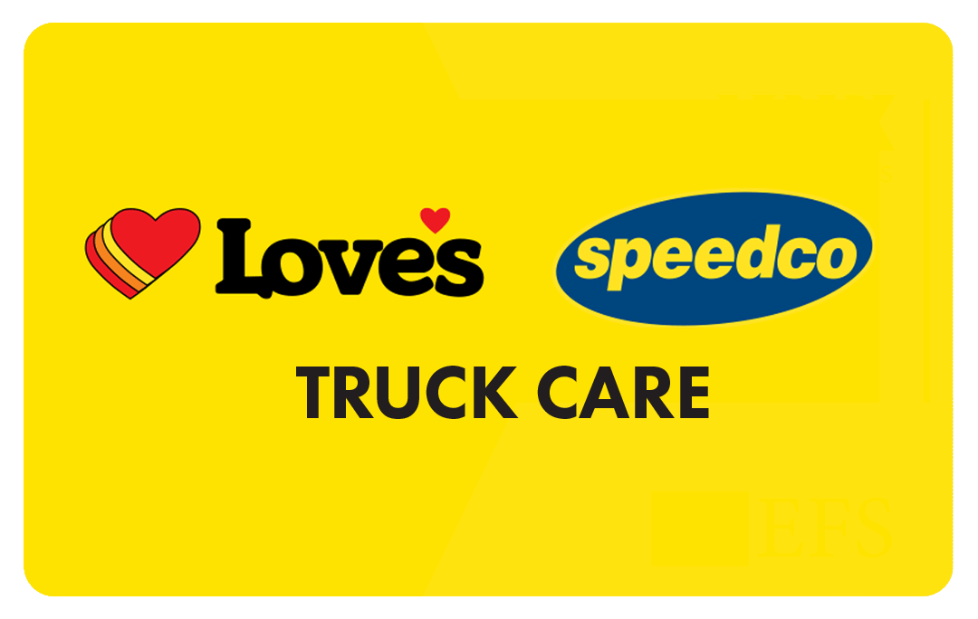 loves and speedco logos on a credit card shape yellow backgrounf